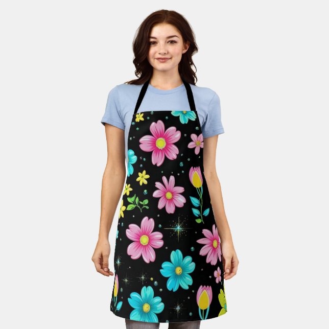 Delantal Retro Black colorful Flowers Pattern Birthday part (Gastado)