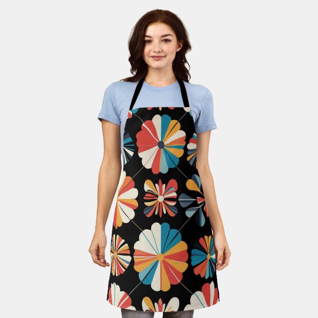 Delantal Retro Black Rainbow geometric Flowers Pattern  (Gastado)