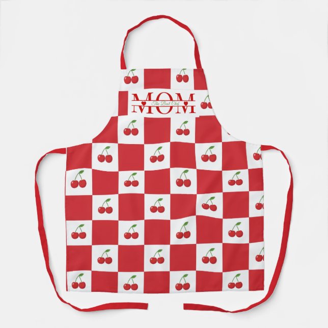 Delantal Retro Cereza Rojo y Blanco  Gingham Mamá Personali (Anverso)