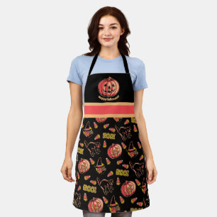 Delantal Retro de Halloween con Gato Bruja y Calab
