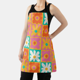 Delantal Retro Floral de Cuadros Groovy Colorido de los 70
