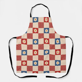 Delantal Retro Gingham Daisy Rojo Azul Crema Vinta