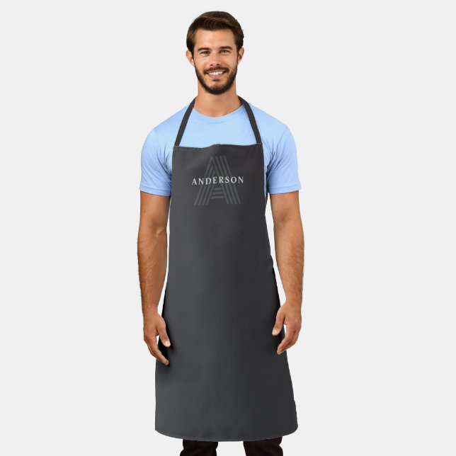 Delantal Retro Gris oscuro Monogramo moderno Nombre (Gastado)