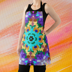 Delantal Retro Mandala azul morado y amarillo
