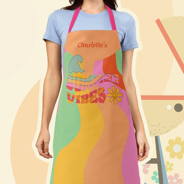 Delantal Retro Pastel Waves Summer Vibes with Name (Retro Pastel Waves Summer Vibes with Name Apron ©Susanne Sachers - Sunny Mind 🌞)
