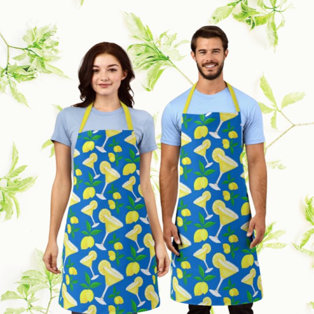 Delantal Retro Preppy Yellow Lemons Lemon Drops on Blue (Fun lemon drop apron available in S M L)