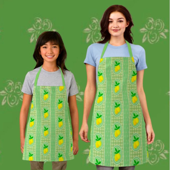 Delantal Retro Sunny Yellow Lemon Green Gingham Check (Fun vintage style lemon aprons, in 3 sizes.)