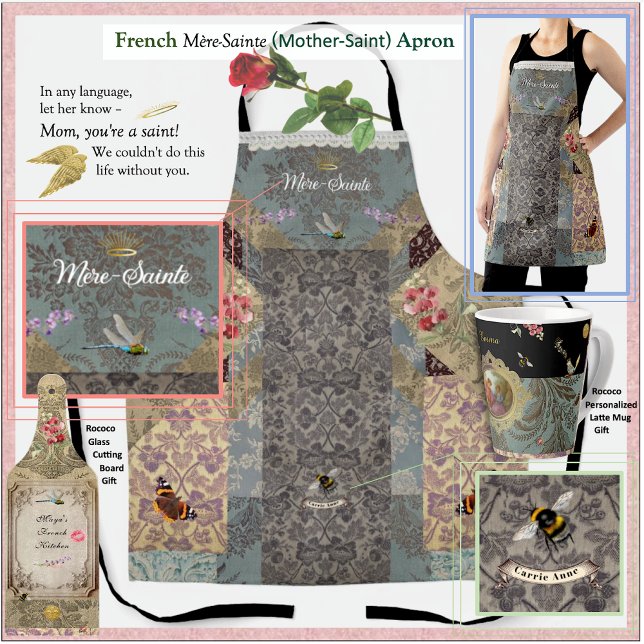 Delantal Rococó "Madre-Santa" Francés (Our personalized Rococo apron is the prettiest posy in the garden! From our Rococo Garden gift line.)