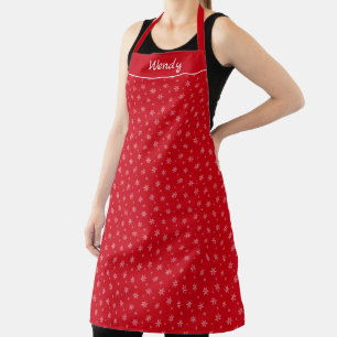 Delantal Rojo con copos de nieve blancos y apodo Apron