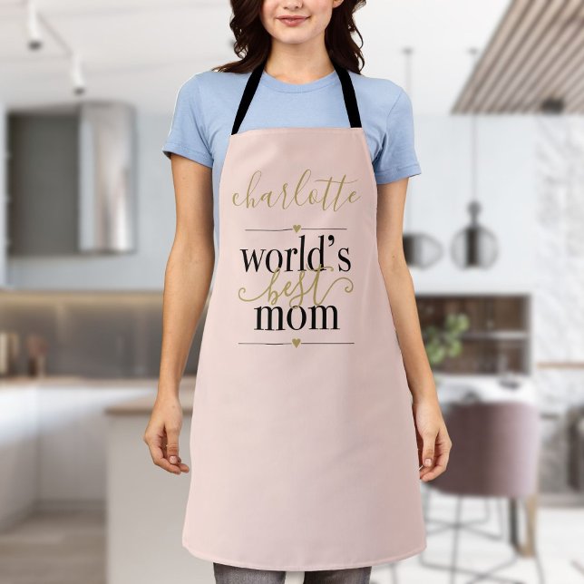 Delantal Rojos Personalizados Rosa y Dorado Mejor Mamá del  (Personalized Blush Pink and Gold Worlds Best Mom Apron)