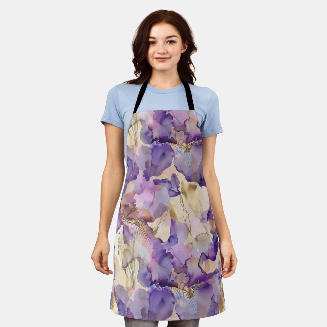 Delantal Romántico Purple Gold Iris Floral Bridal Ducha (Gastado)