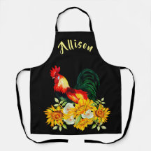 Rooster con girasoles negro Apron personalizado