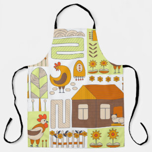 Delantal Rooster, gallinas, dibujo floral geométrico.