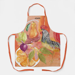 Delantal Rooster Rojo Escena del País Acuarela Pintada A Ma
