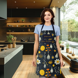 Delantal Ropa de cocina floral zen - Azul oscuro con dorado