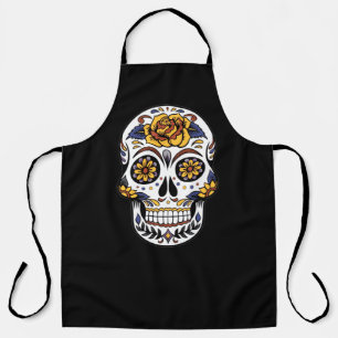 Delantal Rosa Amarilla Calavera de Azúcar sobre Negro