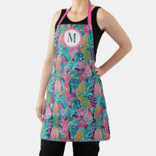 Delantal Rosa Elegante Azul Marino Teal Piña Monograma
