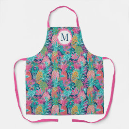 Delantal Rosa Elegante Azul Marino Teal Piña Monograma