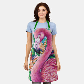 Delantal rosa flamenco floral divertido verde mono