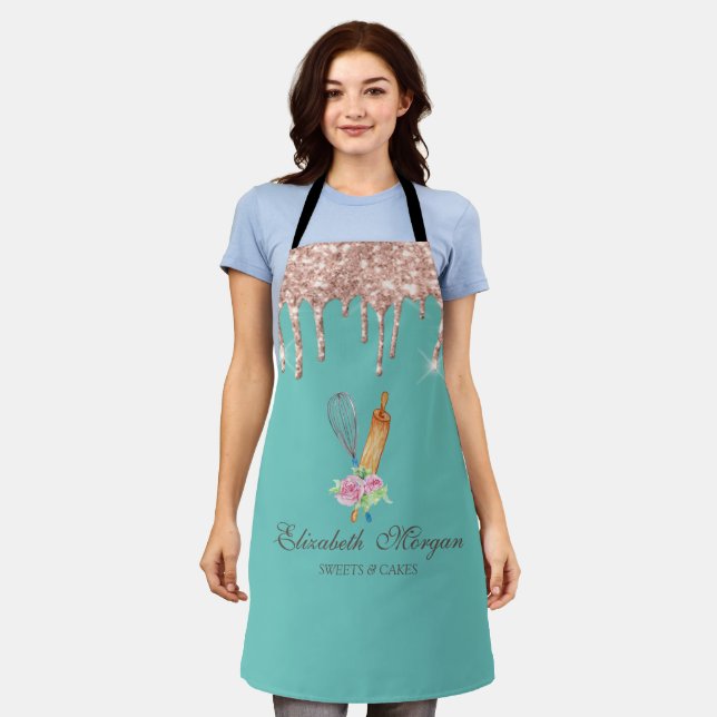 Delantal Rosa gotas doradas batidor rodillo menta verde (Gastado)