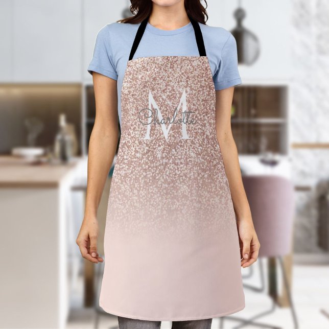Delantal Rosa Monograma Purpurina de oro Rubor Guión Girato (Monogram Rose Gold Glitter Blush Pink Girly Script Apron)