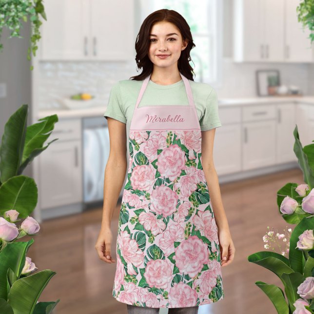 Delantal Rosa Monogramado Floral Elegante (Subido por el creador)