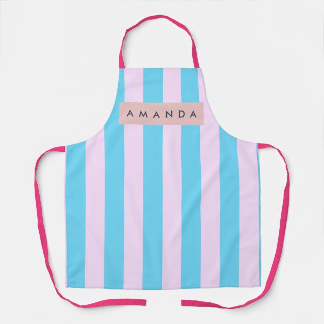 Delantal Rosa Pastel Personalizado y Rayas Azules (Anverso)