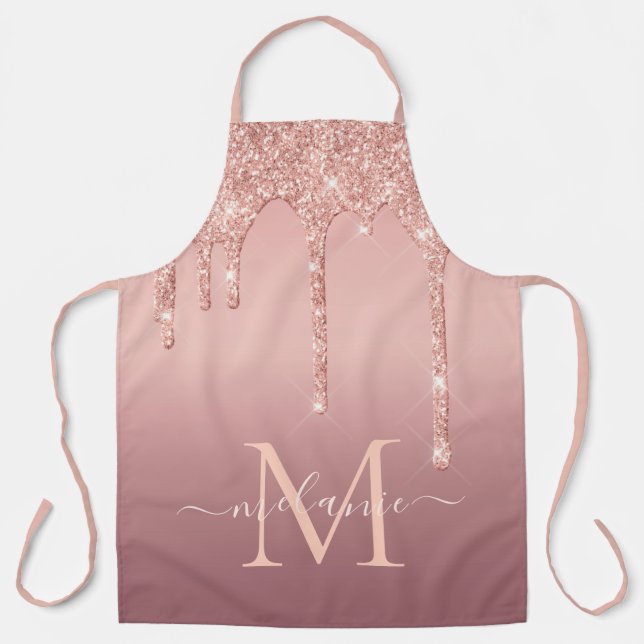 Delantal Rosa Purpurina de oro Apron Nombre personalizado y (Anverso)