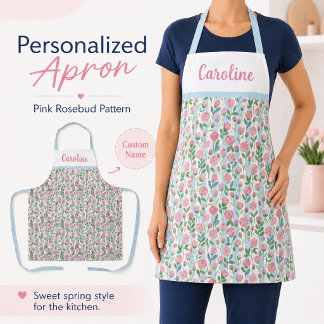 Delantal Rosa Rosa Floral Azul Raya Nombre Grandmillennial