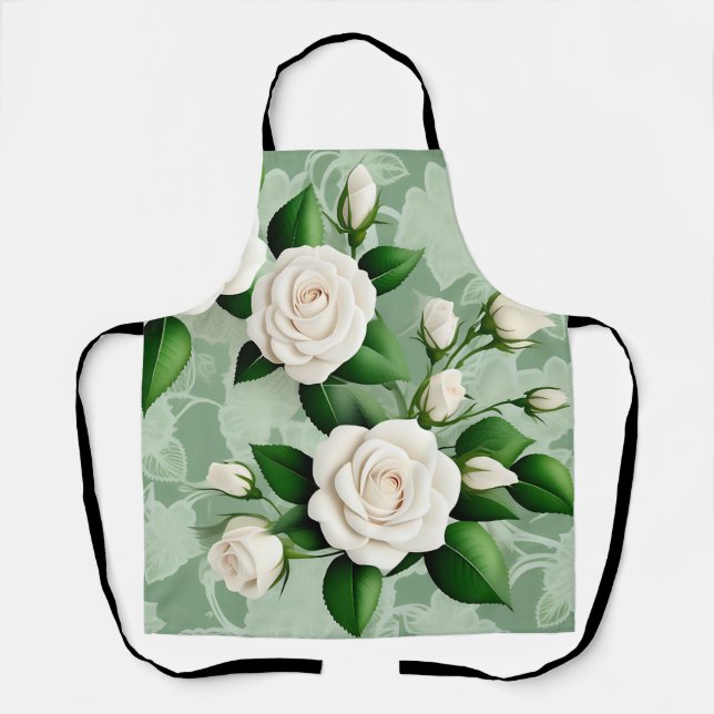 Delantal Rosas Blancas Elegantes En Verde (Anverso)