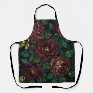 Delantal Rosas Burgundy de Lujo con Hojas de Oro Floral