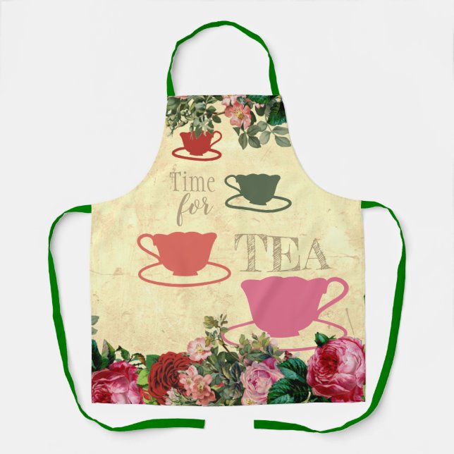 Delantal rosas de época tetera tazas de café cocina (Anverso)