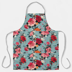 Delantal Rosas de época y florines de fondo azul