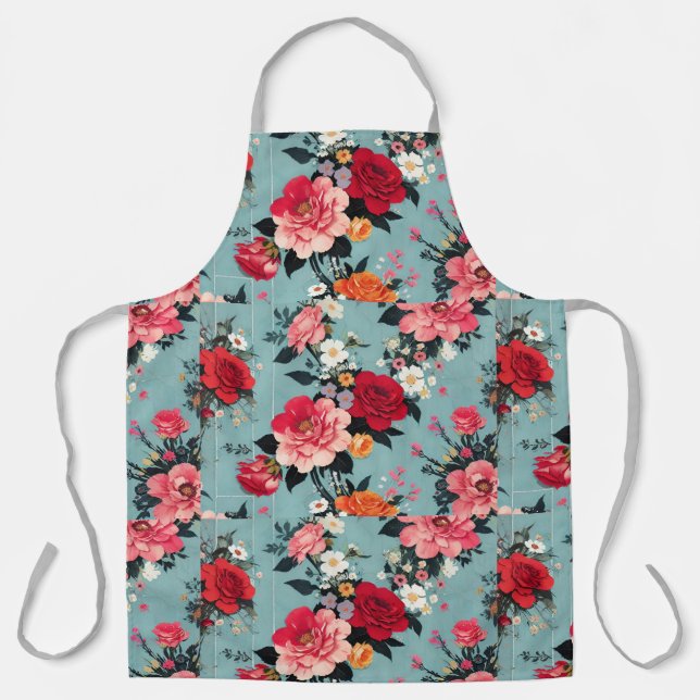 Delantal Rosas de época y florines de fondo azul (Anverso)