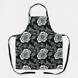 Delantal Rosas de plata metálica con hojas verde oscuro