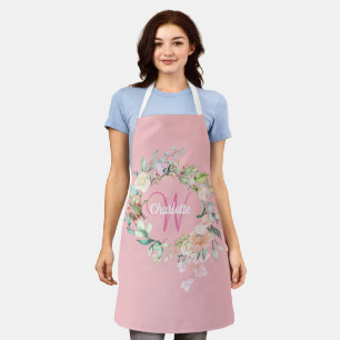 Delantal Rosas de verano chic rosa rubor monograma inicial 
