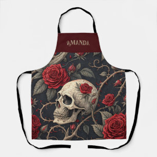 Delantal Rosas del cráneo gótico rojo