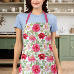 Delantal Rosas Florales Acuarela Rosa y Rojo Lindas