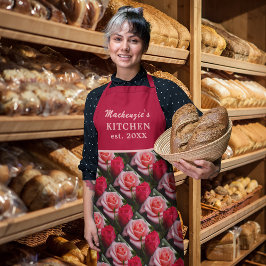 Delantal Rosas Florales Rojas Rosa Patrón Nombre personaliz