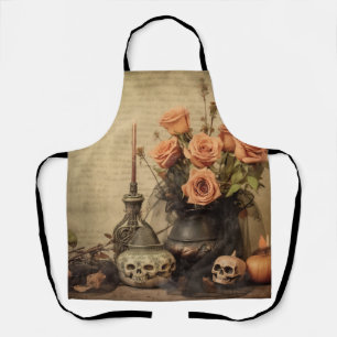 Delantal Rosas Macabras Vintage Calaveras Sepia