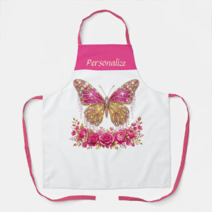 Delantal Rosas Mariposa Rosa Diseño Personalizado Dorado