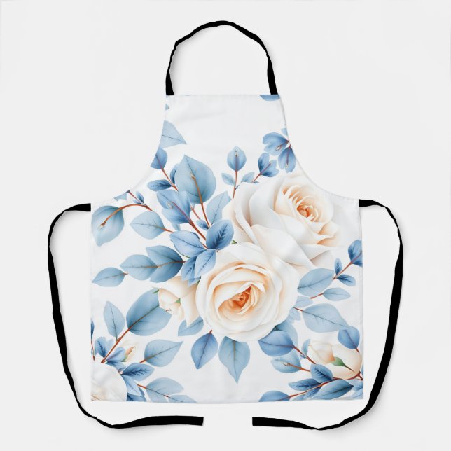 Delantal Rosas Melocotón Polvo Azul Eucalipto Patrón (Anverso)