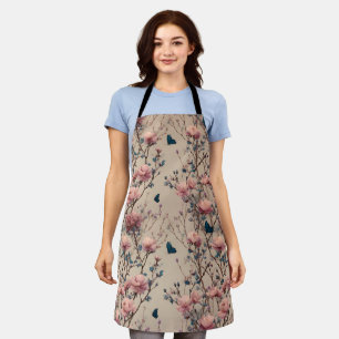 Delantal Rosas primaverales vintage con mariposas azules