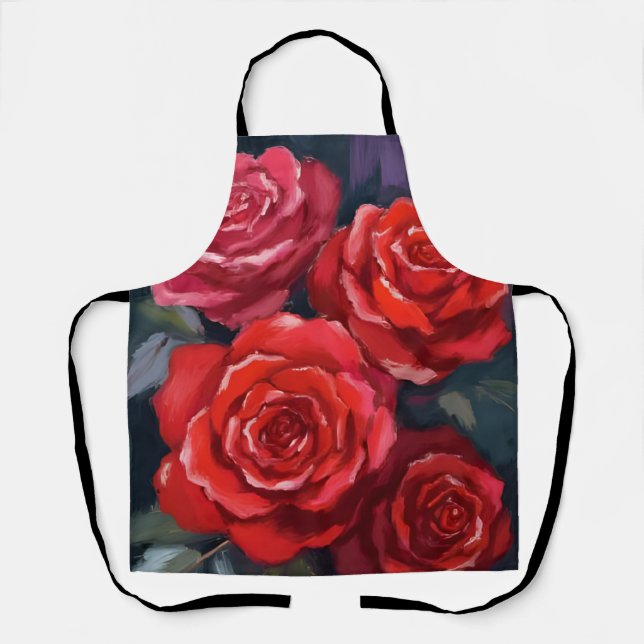 Delantal Rosas Rojas Flores Pintadas al Acuarela (Anverso)