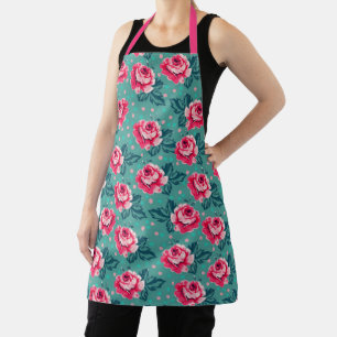 Delantal Rosas rosadas bonitas y patrón de lunares en azul
