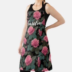 Delantal Rosas rosadas editables sobre patrón floral negro 