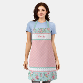 Delantal Rosas rosadas personalizadas francesas pastel azul