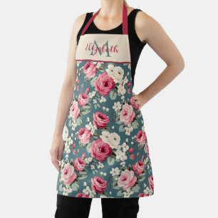 Delantal Rosas rosadas vintage sobre monograma azul profund