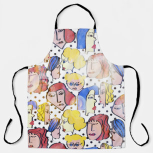 Delantal Rostros de mujeres abstractas, puntos de polka acu