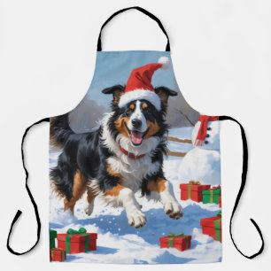 Delantal Rough Collie corriendo en la nieve con sombrero de